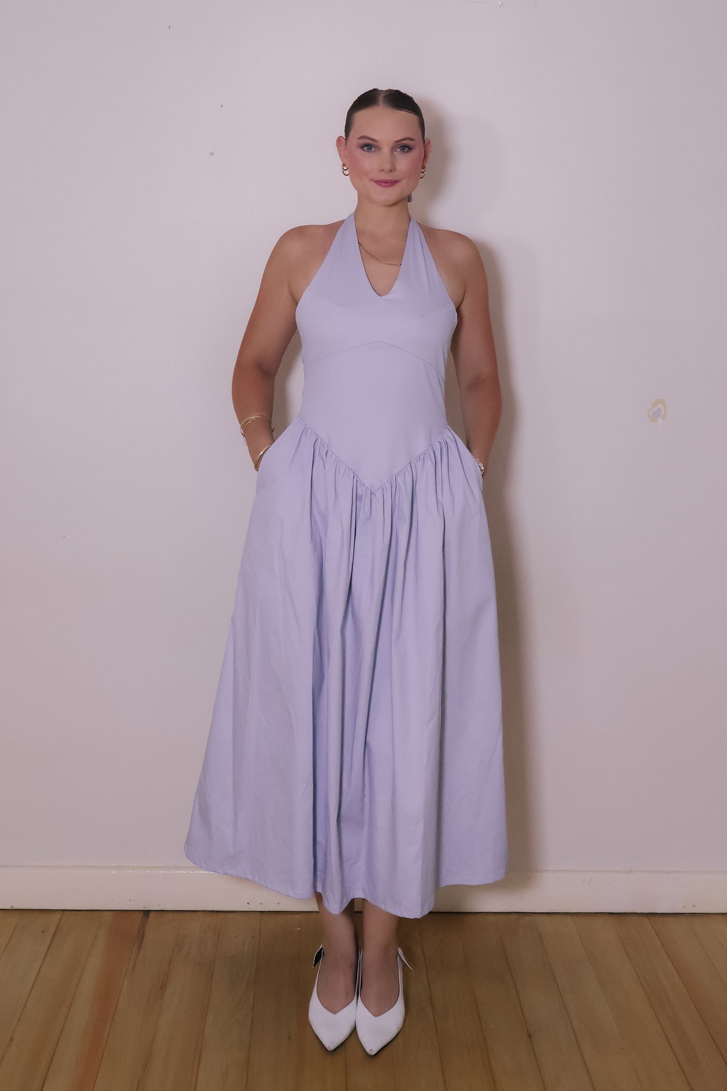 Light blue halter neckline midi/maxi length dress. Odd muse and house of CB classic women's dress